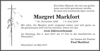 Traueranzeige von Margret Markfort von Die Glocke
