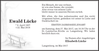 Traueranzeige von Ewald Lücke von Die Glocke