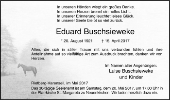 Traueranzeige von Eduard Buschsieweke von Die Glocke