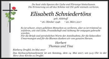 Traueranzeige von Elisabeth Schniedertöns von Die Glocke