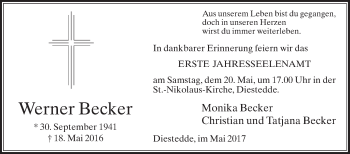 Traueranzeige von Werner Becker von Die Glocke