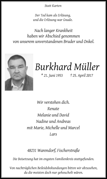Traueranzeige von Burkhard Müller von Die Glocke