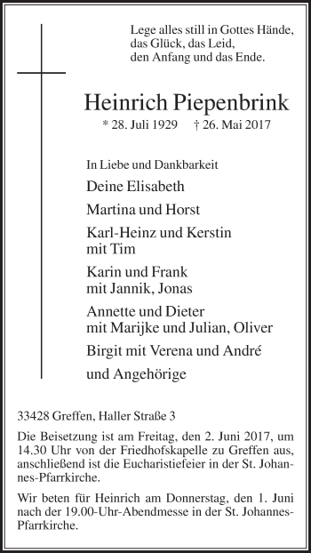 Traueranzeige von Heinrich Piepenbrink von Die Glocke