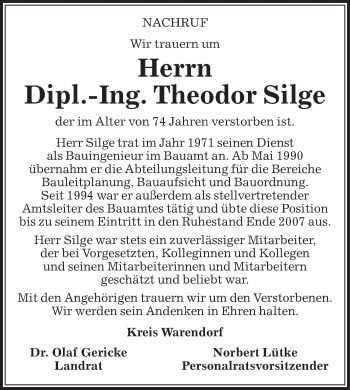 Traueranzeige von Theodor Silge von Die Glocke