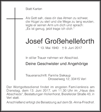Traueranzeige von Josef Großehelleforth von Die Glocke
