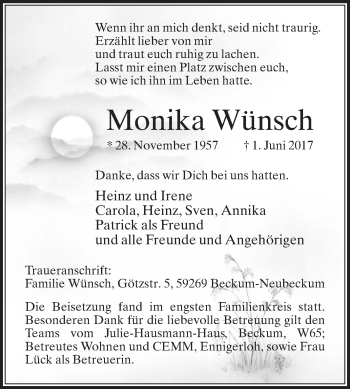 Traueranzeige von Monika Wünsch von Die Glocke