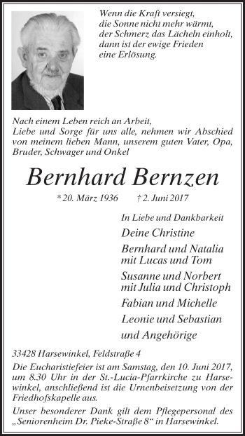 Traueranzeige von Bernhard Bernzen von Die Glocke