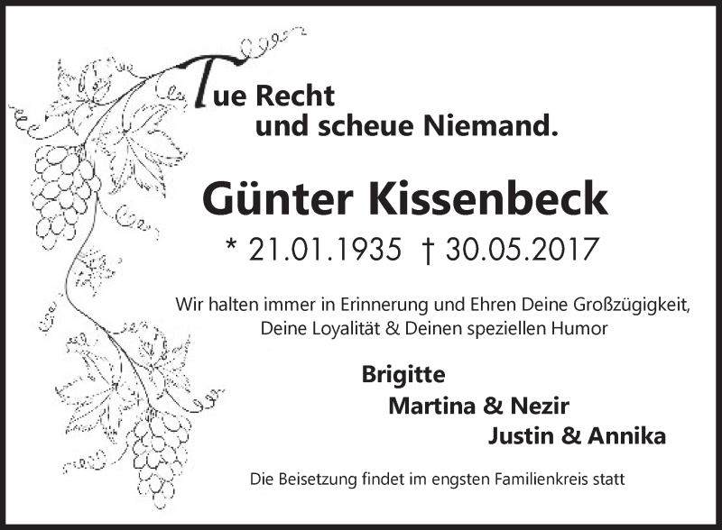  Traueranzeige für Günter Kissenbeck vom 10.06.2017 aus Die Glocke