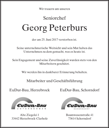 Traueranzeige von Georg Peterburs von Die Glocke
