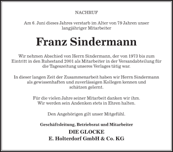 Traueranzeige von Franz Sindermann von Die Glocke