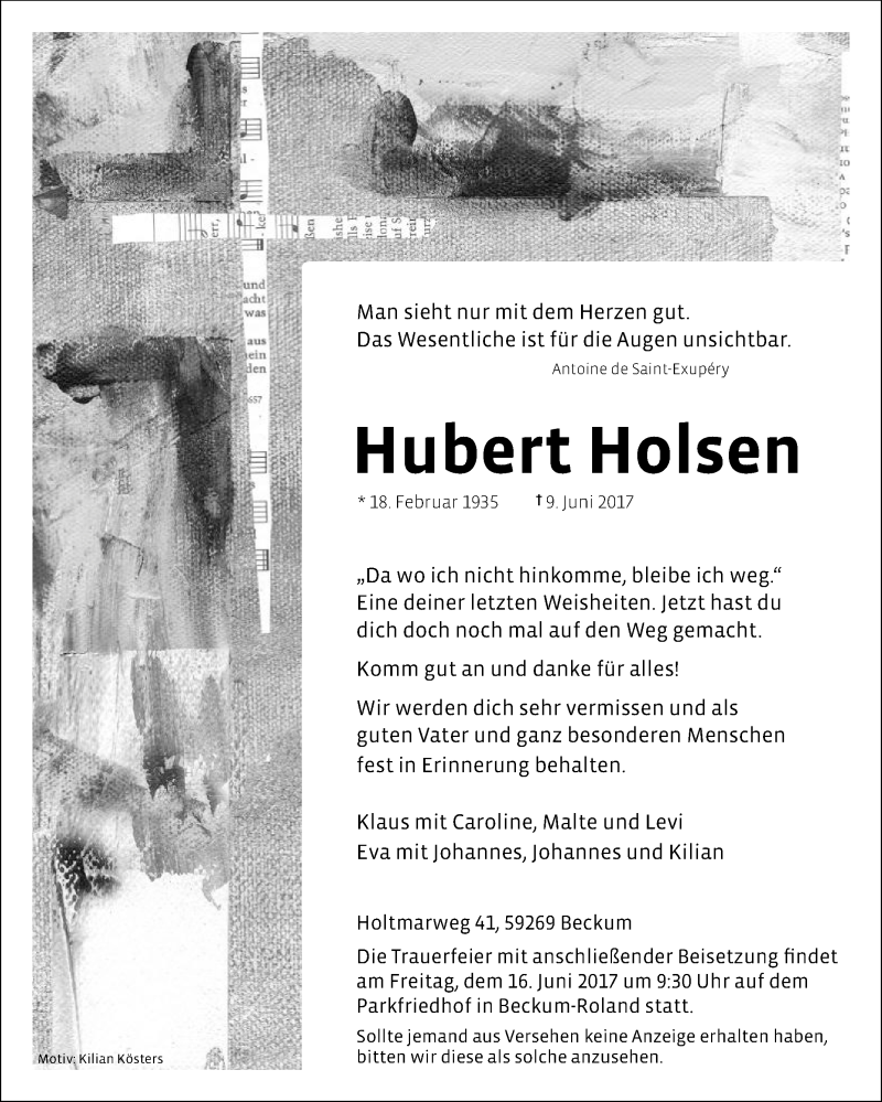  Traueranzeige für Hubert Holsen vom 13.06.2017 aus Die Glocke