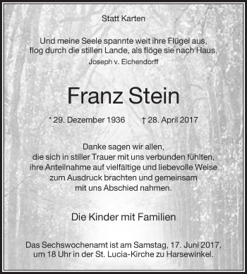 Traueranzeige von Franz Stein von Die Glocke