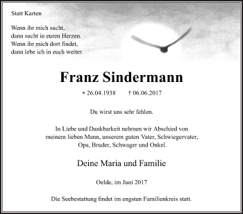 Traueranzeige von Franz Sindermann von Die Glocke