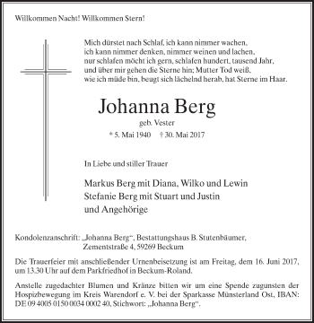 Traueranzeige von Johanna Berg von Die Glocke