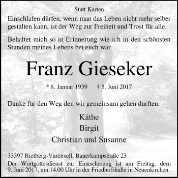 Traueranzeige von Franz Gieseker von Die Glocke