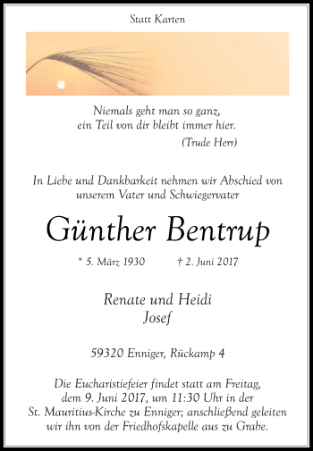 Traueranzeige von Günther Bentrup von Die Glocke