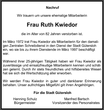 Traueranzeige von Ruth Kwiedor von Die Glocke