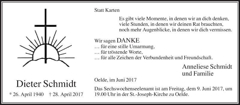  Traueranzeige für Dieter Schmidt vom 03.06.2017 aus Die Glocke
