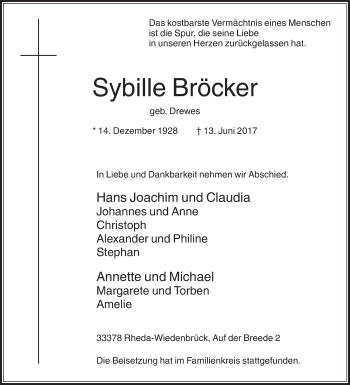 Traueranzeige von Sybille Bröcker von Die Glocke