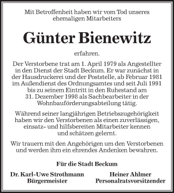 Traueranzeige von Günter Bienewitz von Die Glocke