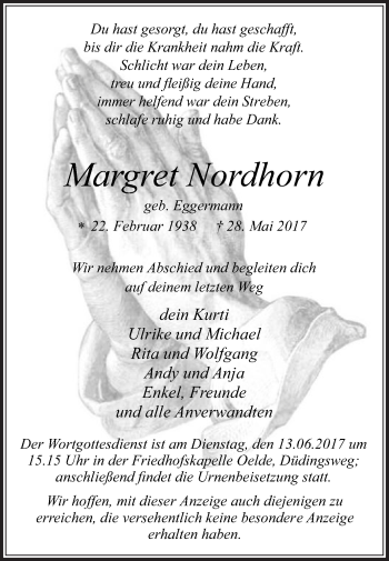 Traueranzeige von Margret Nordhorn von Die Glocke