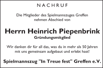 Traueranzeige von Heinrich Piepenbrink von Die Glocke