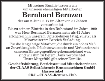 Traueranzeige von Bernhard Bernzen von Die Glocke