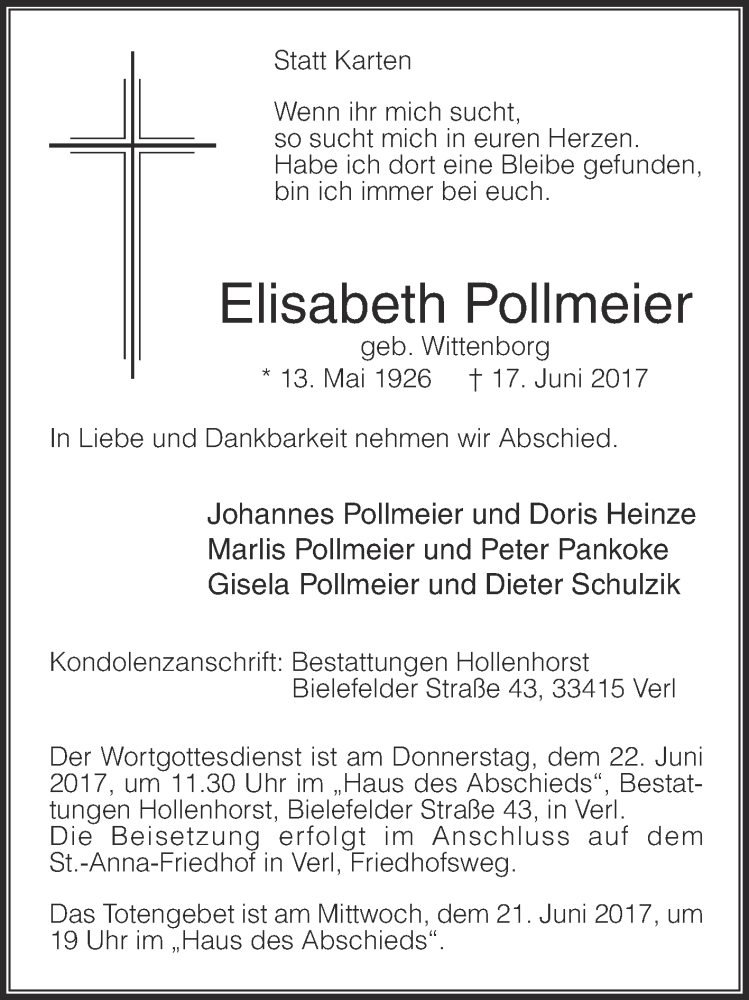  Traueranzeige für Elisabeth Pollmeier vom 19.06.2017 aus Die Glocke
