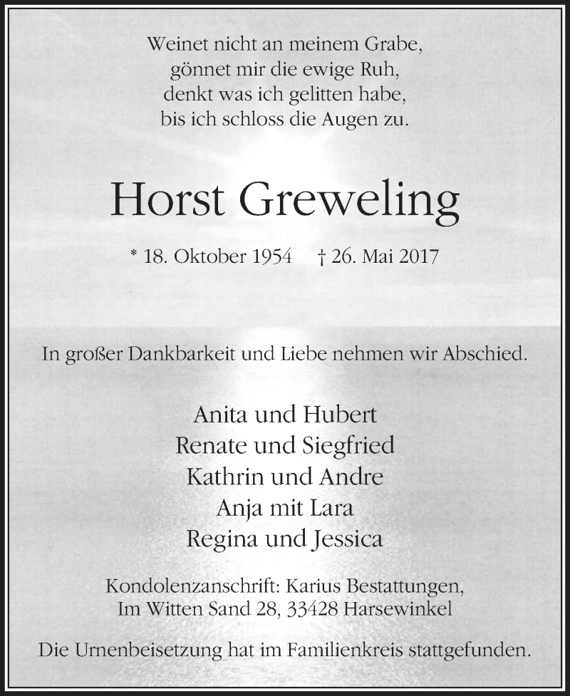  Traueranzeige für Horst Greweling vom 08.06.2017 aus Die Glocke