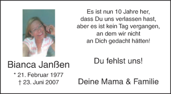 Traueranzeige von Bianca Janßen von Die Glocke