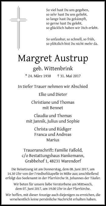 Traueranzeige von Margret Austrup von Die Glocke