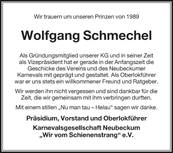 Traueranzeige von Wolfgang Schmechel von Die Glocke