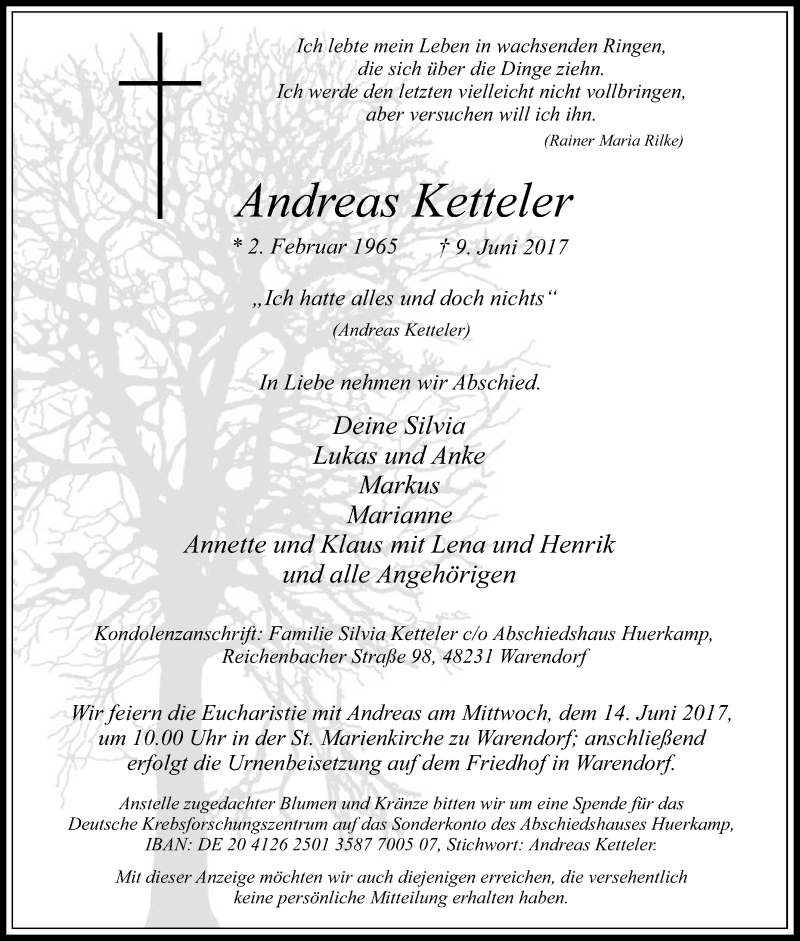  Traueranzeige für Andreas Ketteler vom 12.06.2017 aus Die Glocke