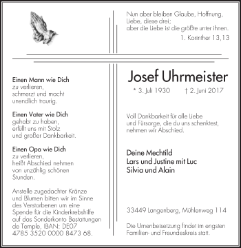 Traueranzeige von Josef Uhrmeister von Die Glocke