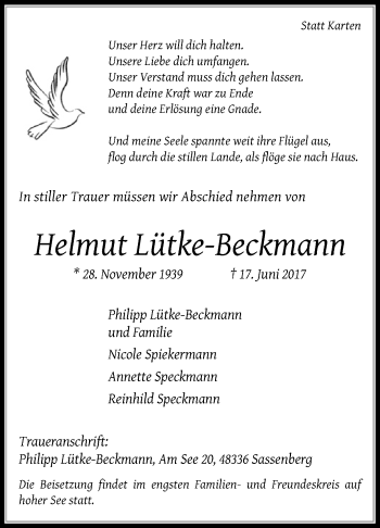Traueranzeige von Helmut Lütke-Beckmann von Die Glocke
