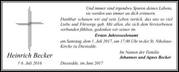 Traueranzeige von Heinrich Becker von Die Glocke