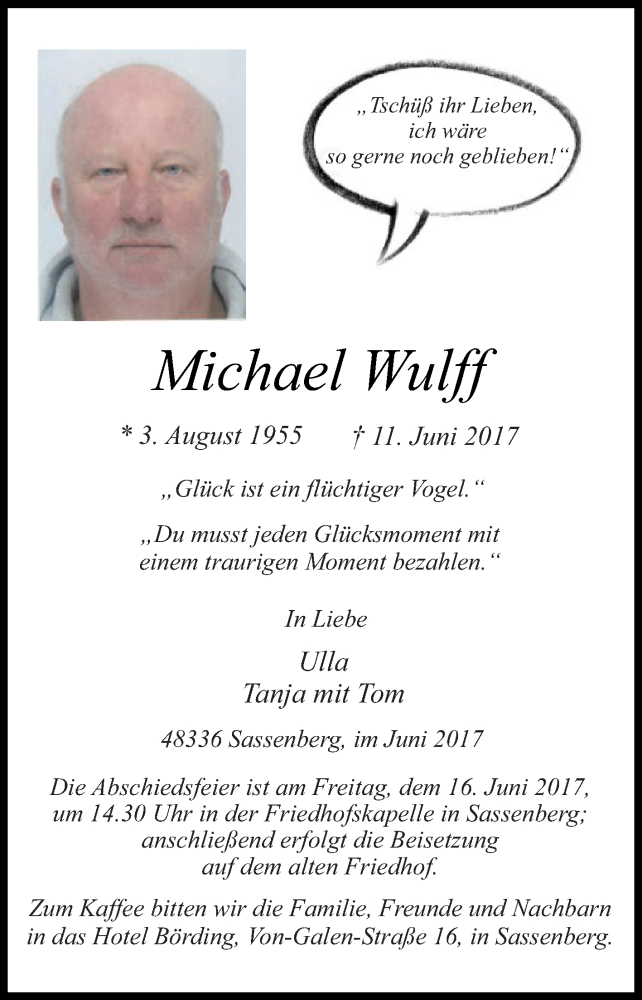  Traueranzeige für Michael Wulff vom 13.06.2017 aus Die Glocke