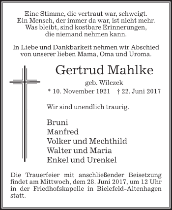 Traueranzeige von Gertrud Mahlke von Die Glocke