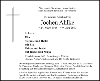 Traueranzeige von Jochen Ahlke von Die Glocke