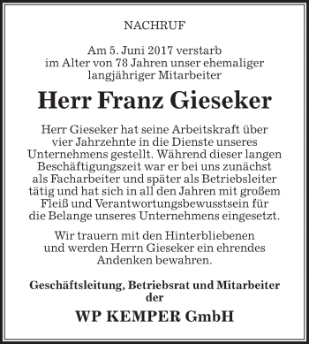 Traueranzeige von Franz Gieseker von Die Glocke