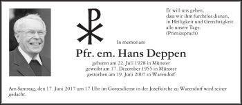 Traueranzeige von Hans Deppen von Die Glocke