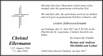 Traueranzeige von Christel Ellermann von Die Glocke