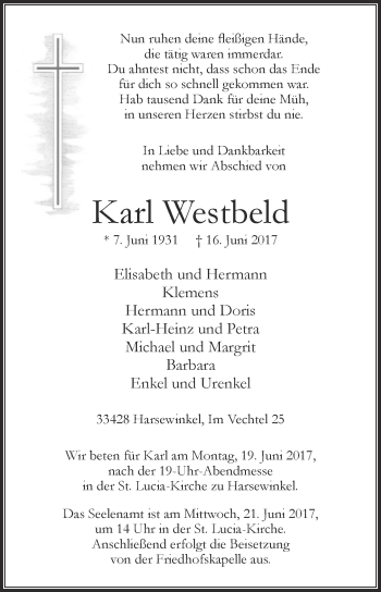 Traueranzeige von Karl Westbeld von Die Glocke