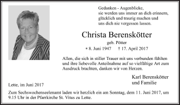 Traueranzeige von Christa Berenskötter von Die Glocke