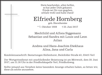 Traueranzeige von Elfriede Hornberg von Die Glocke