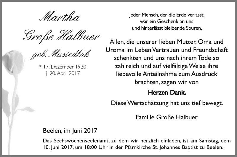  Traueranzeige für Martha Große Halbuer vom 03.06.2017 aus Die Glocke