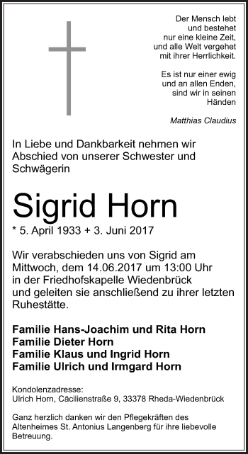 Traueranzeige von Sigrid Horn von Die Glocke