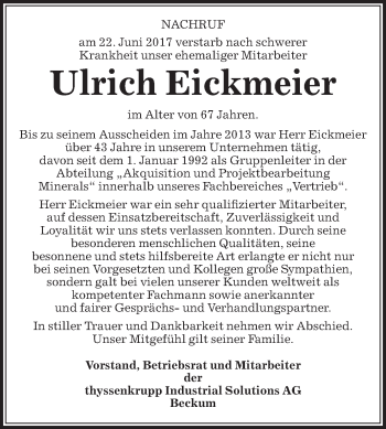 Traueranzeige von Ulrich Eickmeier von Die Glocke