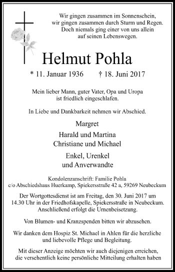 Traueranzeige von Helmut Pohla von Die Glocke