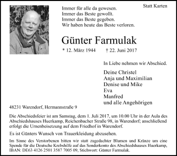 Traueranzeige von Günter Farmulak von Die Glocke